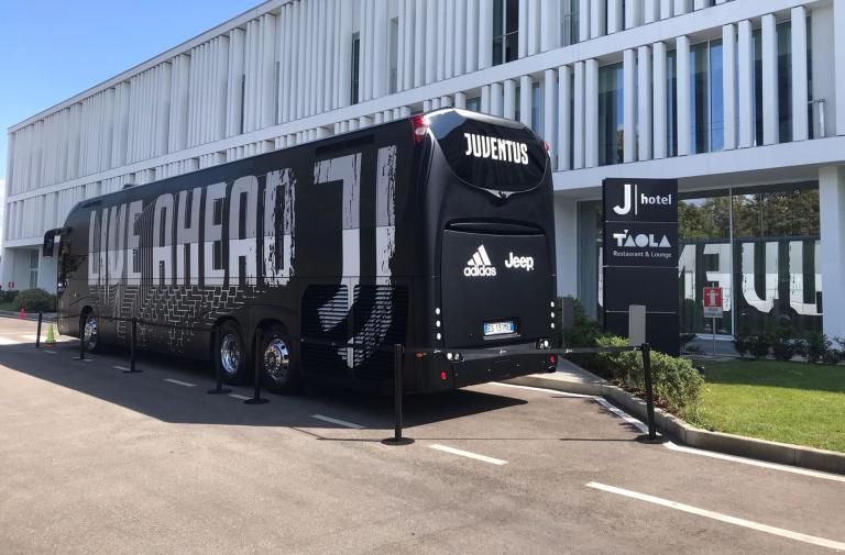 Juventus bus in front of J Hotel in Turin.